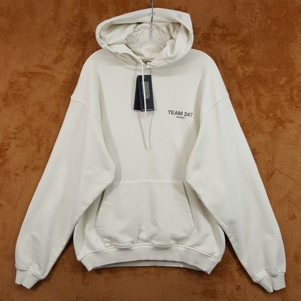REPRESENT Hoodie Mens Medium Cream Team 247 Pullover Sweatshirt $170